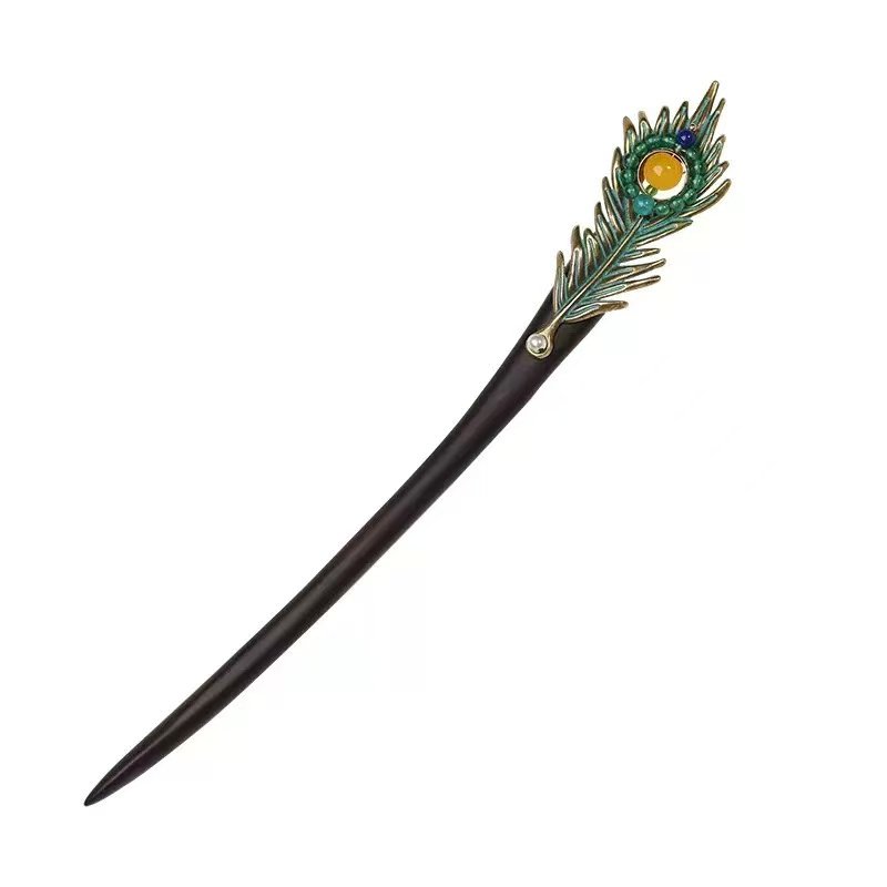 Black Ebony Chinese-style Hairpin with Green Peacock Feather Style Ornament
