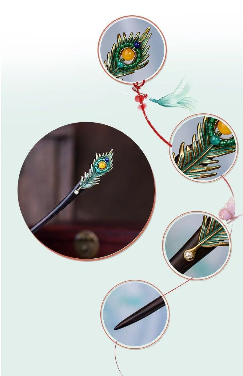 Black Ebony Chinese-style Hairpin with Green Peacock Feather Style Ornament - Image 4