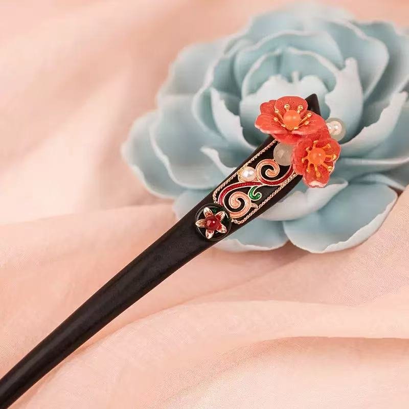 Black Ebony Chinese-style Hairpin with Red Plum Blossom - Image 3