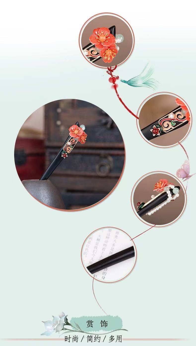 Black Ebony Chinese-style Hairpin with Red Plum Blossom - Image 4