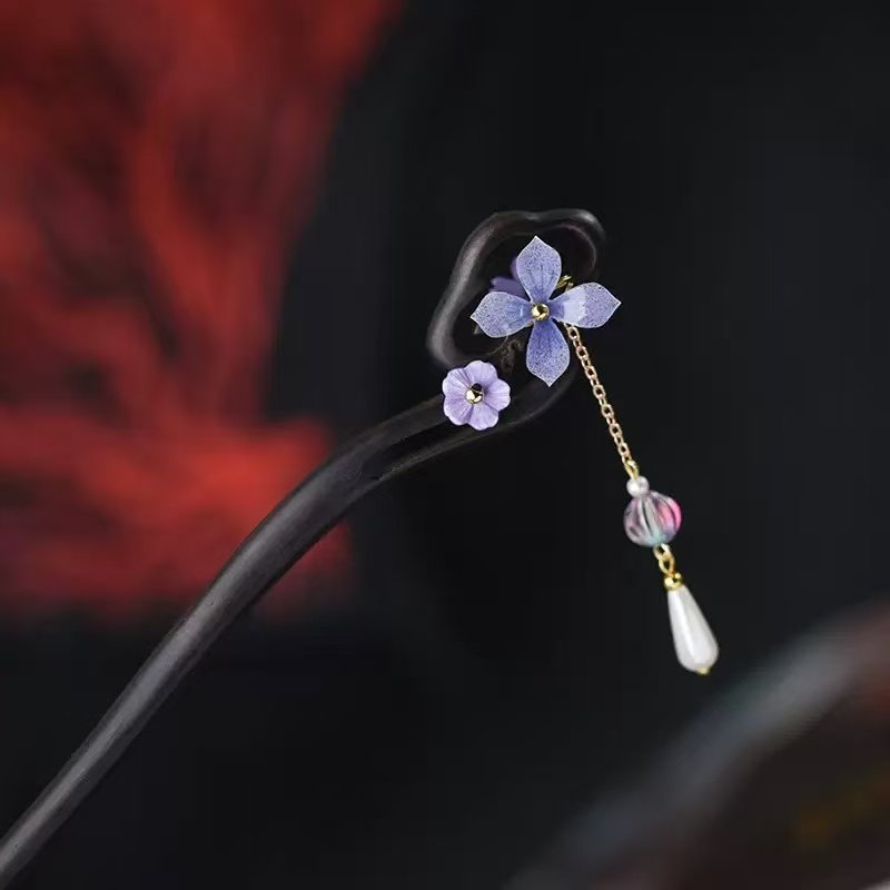 Black Ebony Chinese-style Hairpin with Purple Freesia Pendant - Image 4