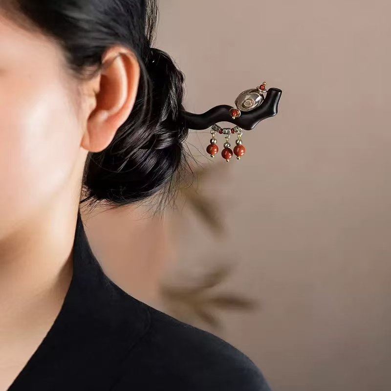 Black Ebony Chinese-style Hairpin with Red Stone Bead - Image 2