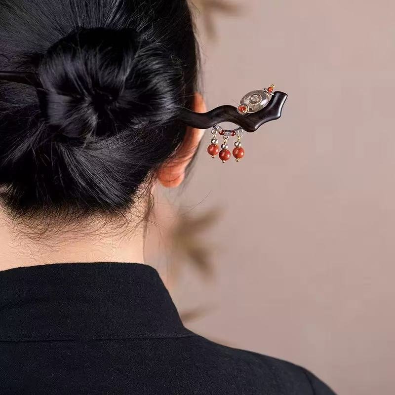 Black Ebony Chinese-style Hairpin with Red Stone Bead - Image 3