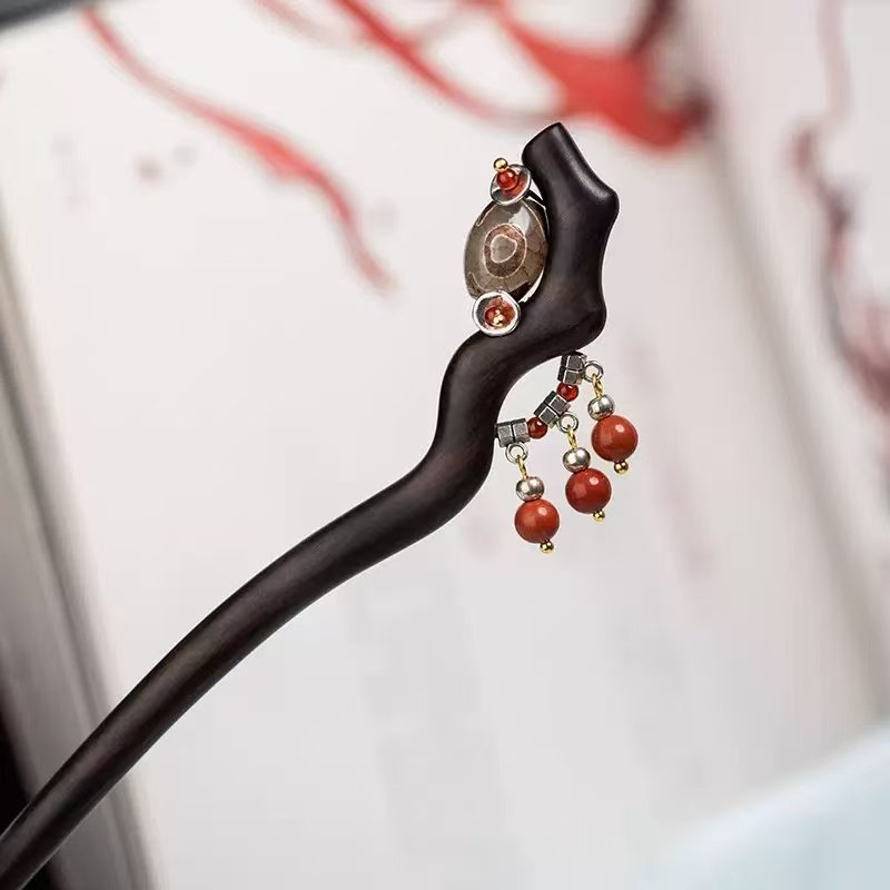 Black Ebony Chinese-style Hairpin with Red Stone Bead - Image 5
