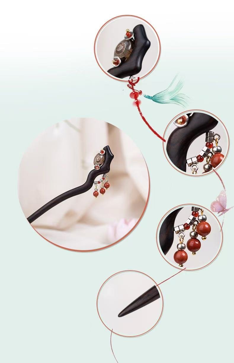 Black Ebony Chinese-style Hairpin with Red Stone Bead - Image 4