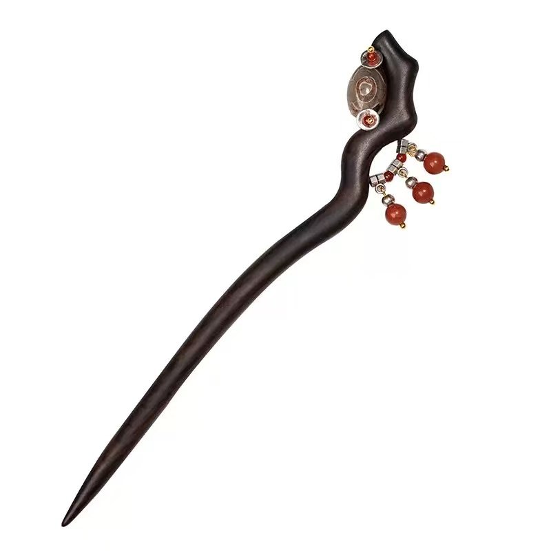 Black Ebony Chinese-style Hairpin with Red Stone Bead